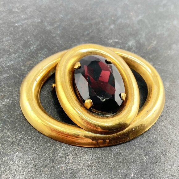 ANTIQUE Big Edwardian brass and dark purple glass stone oval brooch ~ 1910s pin - Picture 4 of 10